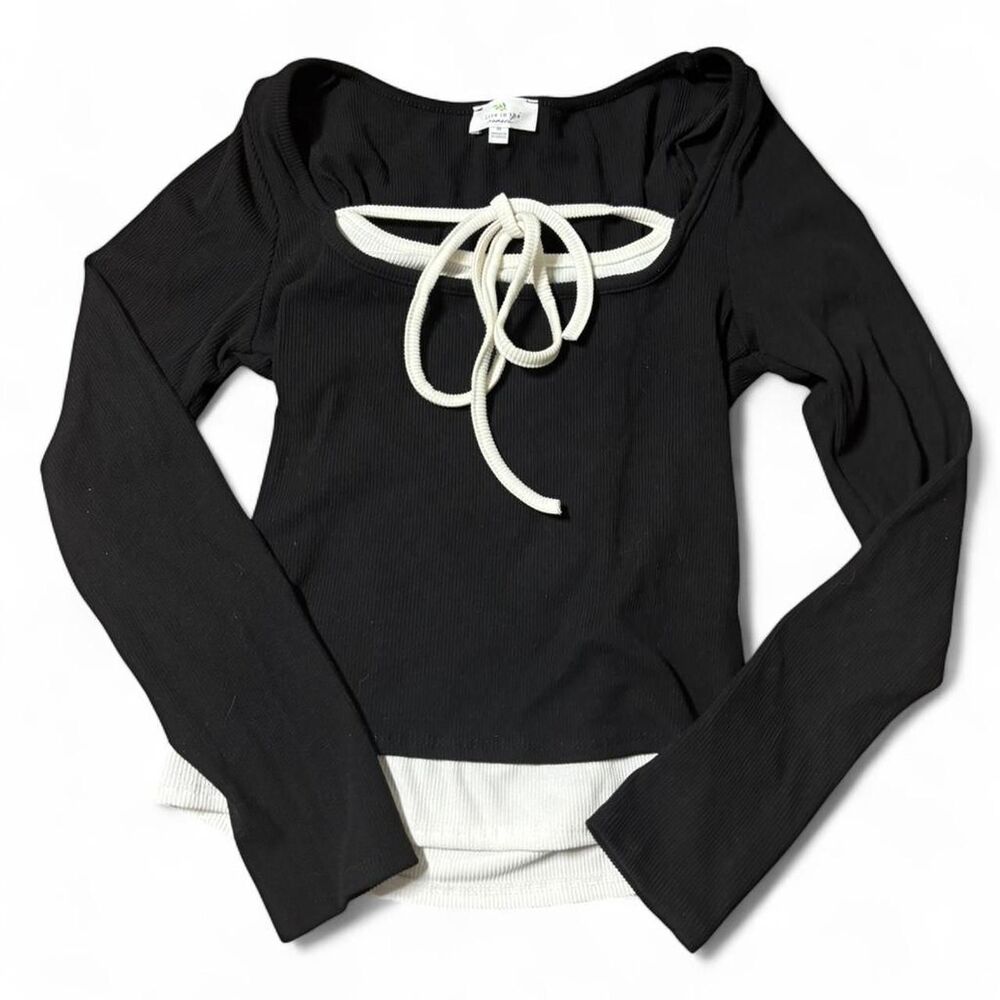 Live in the Moment Black Ribbed Double Layer Tie Long Sleeve Top M